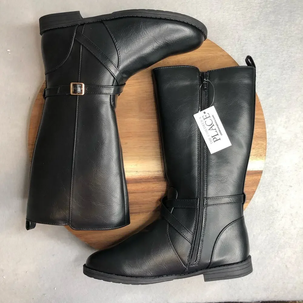 Childrens Place NWT Girl Buckle Tall Boots Black Size 4 Side Zipper Faux Leather